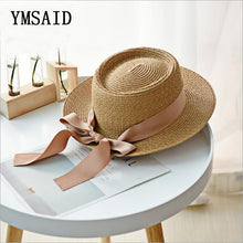 Load image into Gallery viewer, Summer Sun Hats Women Fashion Girl Straw Hat  Ribbon Bow Beach Hat Casual Straw Flat Top Panama Hat Bone Feminino