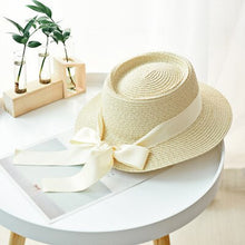 Load image into Gallery viewer, Summer Sun Hats Women Fashion Girl Straw Hat  Ribbon Bow Beach Hat Casual Straw Flat Top Panama Hat Bone Feminino