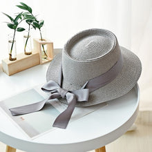 Load image into Gallery viewer, Summer Sun Hats Women Fashion Girl Straw Hat  Ribbon Bow Beach Hat Casual Straw Flat Top Panama Hat Bone Feminino