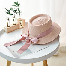 Load image into Gallery viewer, Summer Sun Hats Women Fashion Girl Straw Hat  Ribbon Bow Beach Hat Casual Straw Flat Top Panama Hat Bone Feminino
