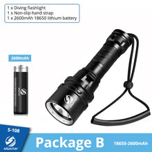 Load image into Gallery viewer, Super bright Diving Flashlight IP68 highest waterproof rating Professional diving light Powered by 18650 battery With hand rope