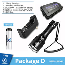 Load image into Gallery viewer, Super bright Diving Flashlight IP68 highest waterproof rating Professional diving light Powered by 18650 battery With hand rope