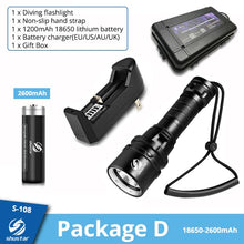 Load image into Gallery viewer, Super bright Diving Flashlight IP68 highest waterproof rating Professional diving light Powered by 18650 battery With hand rope