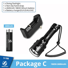 Load image into Gallery viewer, Super bright Diving Flashlight IP68 highest waterproof rating Professional diving light Powered by 18650 battery With hand rope