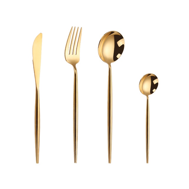 Gold Color Stainless Steel Dinnerware Cutlery Set. Forks Spoons Knives Chopstick