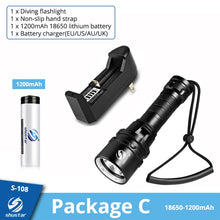 Load image into Gallery viewer, Super bright Diving Flashlight IP68 highest waterproof rating Professional diving light Powered by 18650 battery With hand rope
