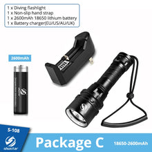 Load image into Gallery viewer, Super bright Diving Flashlight IP68 highest waterproof rating Professional diving light Powered by 18650 battery With hand rope
